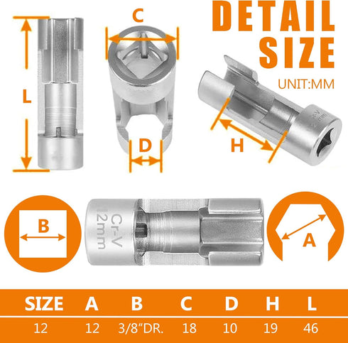 12MM (3/8"DR) Diesel Injector Fuel Line Socket Set for Difficult Access Flare Nut Wrench Spanner