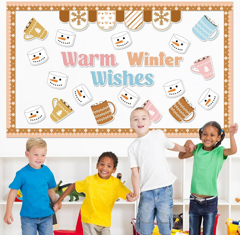 Boho Winter Bulletin Board Decorations, Hot Cocoa Cutouts for Christmas Classroom Decor
