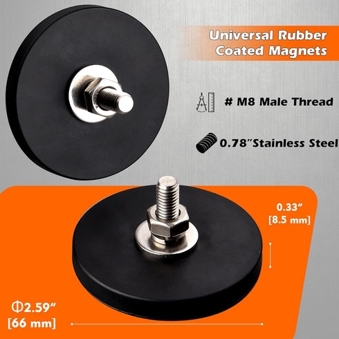 MUTUACTOR Neodymium Rubber Coated Magnets - 2PCS Anti-Scratch Rare Earth Magnets with M8 Male Thread