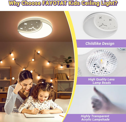 FAYOTAT 30W 3000K/4500K/6500K Nursery(15.75 Inch) Flush Mount Ceiling Light for Kids, Large Modern LED Ceiling Lights