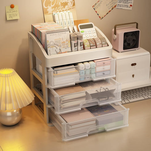 Desk Organizer with Drawers - 3 Drawer Clear Desktop Storage for Office Supplies, Makeup Organizers