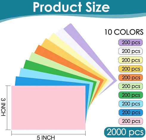 Beieverluck 2000 3x5 Inch 10 PCS Blank Index Cards Colored Flash Cards Study Cards Flashcards Note Cards for Learning