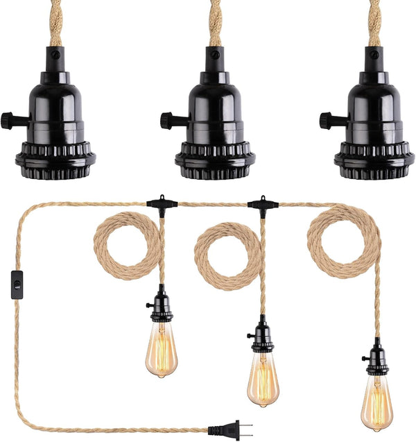 Yilliaw 27FT 3 Light Plug in Pendant Lights with Switch & Hemp Rope - Industrial Hanging Light Kit with E26 Socket