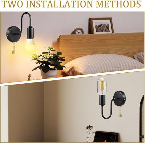 ELEOUTI E26 Vintage Industrial Farmhouse Wall Lamp Pull String Light Fixture Black Hardwired Wall Sconce with Chain