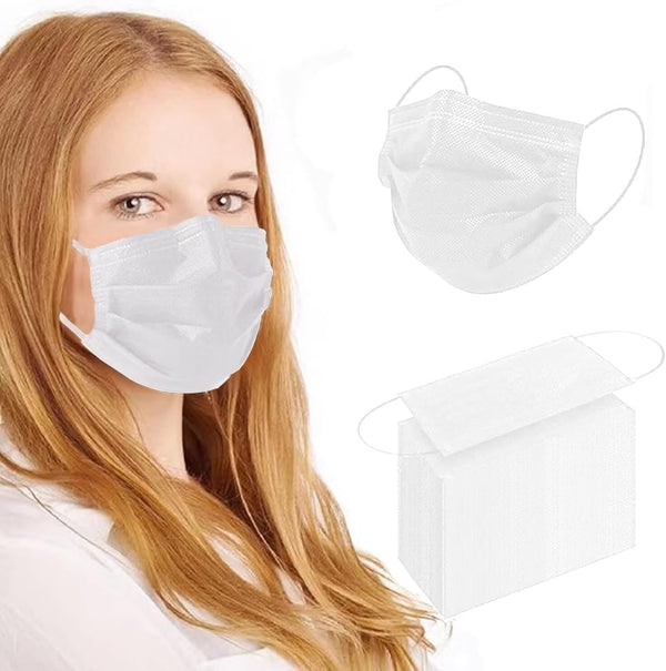 100Pcs White Disposable Face Mask, 3 Ply Masks with Soft Elastic Ear