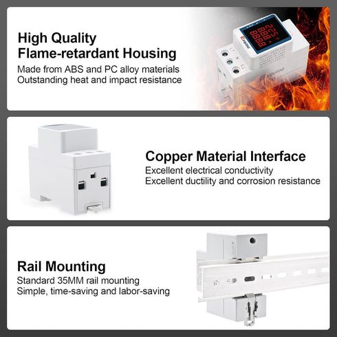 Digital Display Energy Meter, AC Rail-Mounted Electricity Usage Monitor for Voltage, Current, Energy Measurement