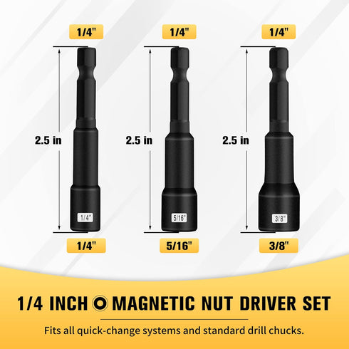 BOEN 1/4 inch Magnetic Nut Driver Set, 3 Piece Impact Drill Driver Bit Set, Size 1/4", 5/16", 3/8", Quick-Change Hex Shank SAE Nut Driver, Cr-V Steel, Black Manganese Phosphate Coating by boen