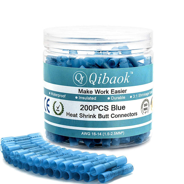 Qibaok 200 PCS Heat Shrink Butt Connectors, Waterproof Insulated Electrical Wire Crimp Connectors for Automotive