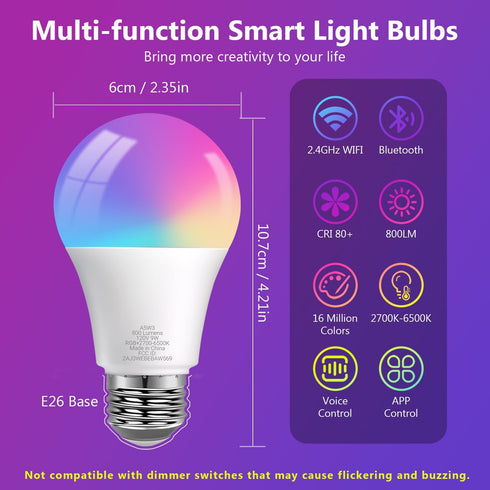 Bulbs, Bulb A19 E26 2.4G Bulbs, Bulb, 60W 800LM, 10Pack DAYBETTER Smart Light Smart Compatible with Alexa & Google