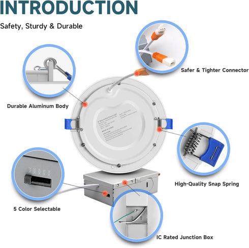 6 Inch 5CCT 2700K/3000K/4000K/5000K/6000K 12W 1100Lm, Dimmable ECOELER Ultra-Thin LED Recessed Ceiling Light