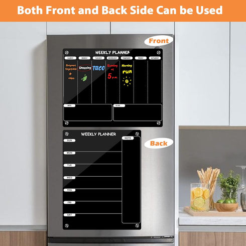 Weekly Dry Erase Board for Refrigerator, Black Acrylic Calendar Note Board, Double-Sided Planner