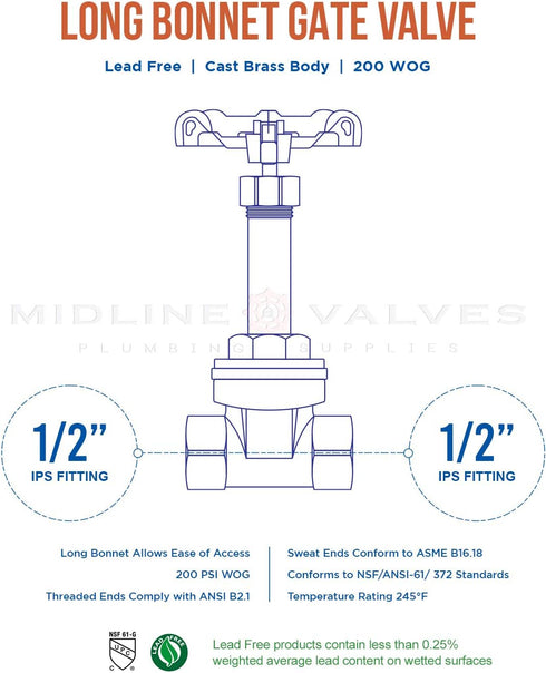 Everflow Supplies 44122-NL 1/2" Long Bonnet Gate Valve with Female Threaded IPS Connections