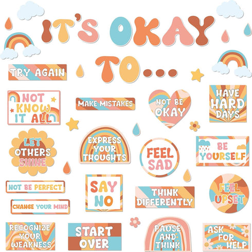 Mental Health Posters, Groovy It's Okay to Boho Bulletin Board Set, Inspirational Positive Affirmations for Classroom