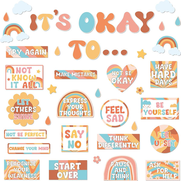Mental Health Posters, Groovy It's Okay to Boho Bulletin Board Set, Inspirational Positive Affirmations for Classroom