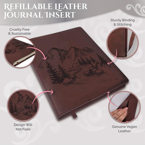 Sunny Lark Mountains Leather Journal | Refillable Leather Journal for Women & Men | Travel Journal with Outdoor