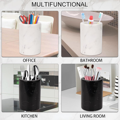 WORHE Natural Marble Pencil Pen Holder, Handcrafted White Marble Desk Organizer for Office Supplies, Makeup Brush Holder