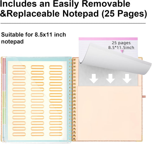 Clipboard Folio with Refillable Lined Notepad for Letter Size 8.5 x 11, 10 Pockets, Rose Gold Clipboards