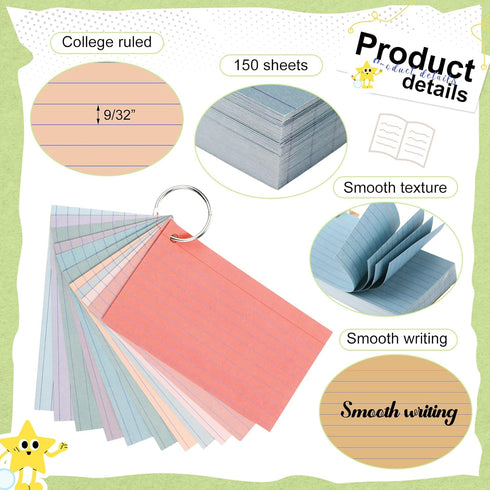 Tosstuki 12 Pack 3 5 Inch 1800 Count Colored Index Cards with Key Ring x Portable Flash Cards College Ruled Lined