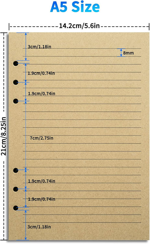 Tofun A5 A5 6-Ring 8mm 80 160 Lined Vintage Refillable Paper, Retro Binder Refills Paper for Binders Planner Traveller