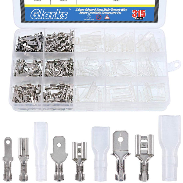Glarks 315Pcs Quick Splice Male and Female Wire Spade Connector Assortment Kit with Insulating Sleeve