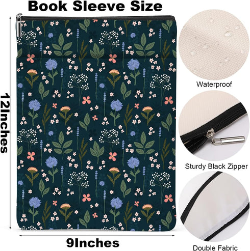 Waterproof Book Sleeve with Zipper, Wildflower Pattern Book Pouch for Women, Book Lovers Gifts, Librarian Accessories
