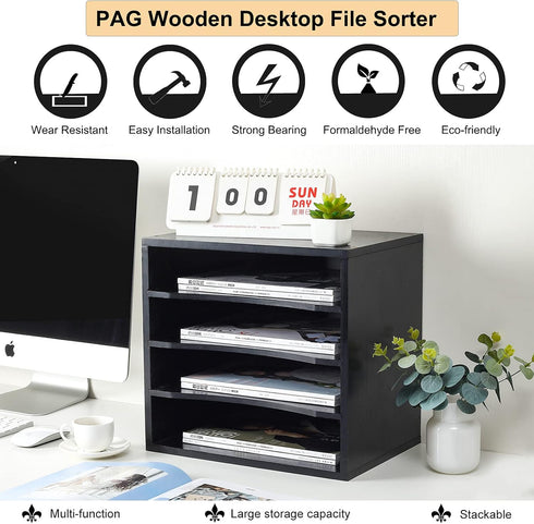 PAG Mail Sorter Organizer, Wood Countertop Literature Organizer, 4 Compartments for Office Supplies, Desktop File