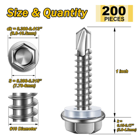 200pcs #10×1" Self Tapping Screws for Metal, 410 Stainless Steel, Sheet Metal Screws, Hex Washer Head Self Drilling Screws, High-Strength Quick Tapping TEK Screws