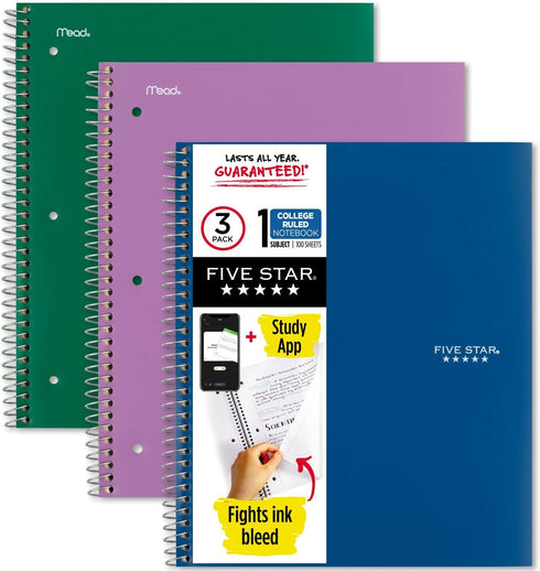 Five Star Spiral Notebooks with Pockets, 3 Pack, 1-Subject, College Ruled, 100 Sheets, Forest Green, Purple, Blue