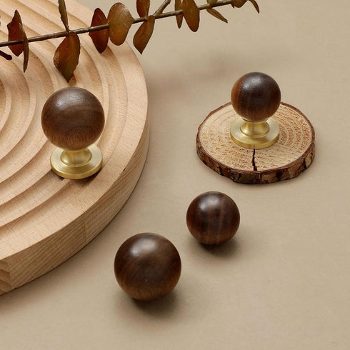 Set 6 of Wooden Single-Hole Wardrobe Knobs - Walnut Cabinet Handles