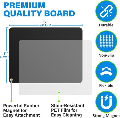 Magnetic Black Dry Erase Board for Fridge, 17 x 11 inch, Stain-Resistant with Neon Chalk Markers & Eraser