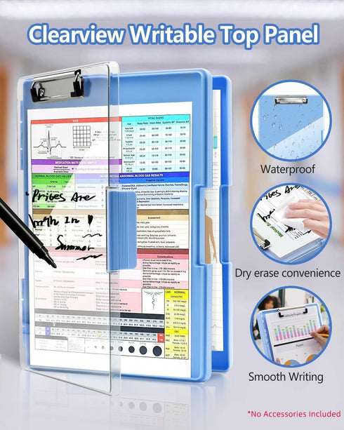 Clearview Clipboard with 2 Storage, Dry Erase 8.5x11 Heavy Duty ClipBoards - High Capacity Coaches Clip Board with Pen Holder - Side Opening Plastic Nursing Clip Case - Aqua Blue by Sunnyclip