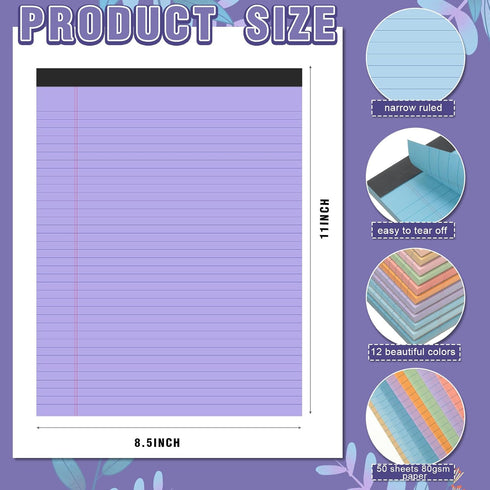 Fuutreo 24 Pcs 8.5'' x 11'' Colored Legal Pad Writing Pads Narrow Ruled 50 Sheets Per Notepad Micro Perforated Writing
