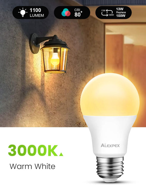 Bulbs, 13W(100W 1100LM, 3000K A19 E26 Lightbulbs 3 Pack Dusk to Dawn LED Light Equivalent) Warm White, Automatic Sensor