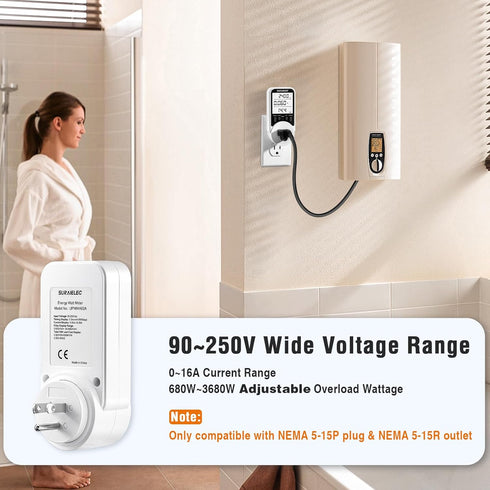 Suraielec Watt Meter - Plug-in Socket Power Meter, 90V-250V, Backlit Display, Auto Cost Calculator, Electricity Monitor