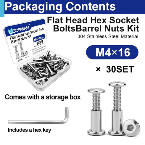 Usdrwam 30 Sets M4 16 mm Barrel Nuts and Bolts, Hex Socket Binding Screws for Furniture, Cabinets, and Cribs Assembly