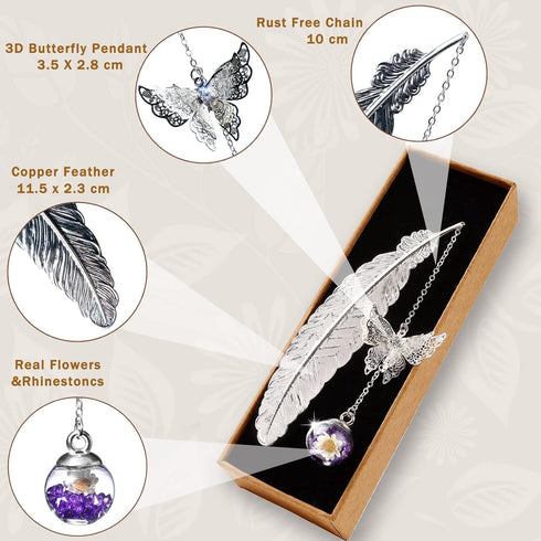 Toirxarn Silver Feather Bookmark with Butterfly Pendant & Gift Box, Elegant Gift for Women, Moms & Teachers