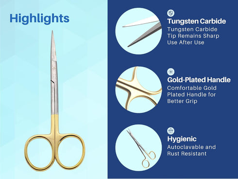5" ARTMAN INSTRUMENTS Scissors Straight | Tungsten Carbide Inserts Extra Sharp | Gold-Plated Handle | Dental, Surgical