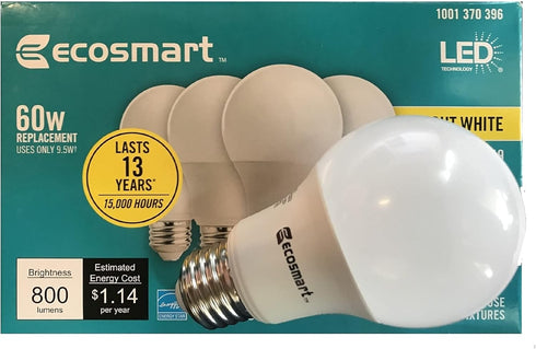 LED TECHNOLOGY EcoSmart 60-Watt Equivalent A19 Dimmable Energy Star LED Light Bulb, Bright White, 4 Pack