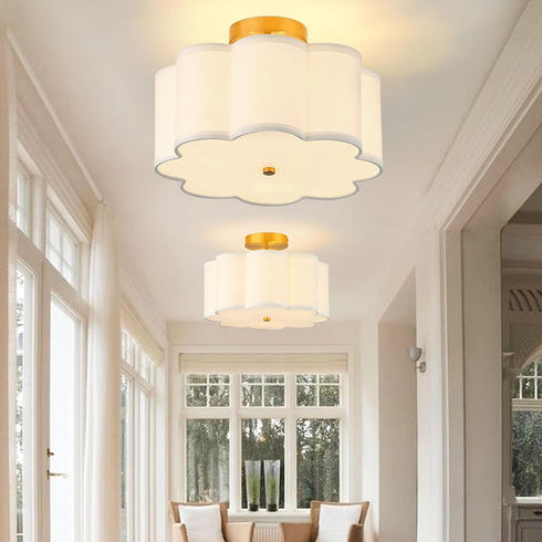 13.3"Semi 3-Light Flush Mount Ceiling Light Fixture, Modern Close to Ceiling Light With Fabric Flower-Shaped Shade