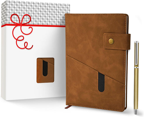 Promot PU Leather Notebook with Pen - A5 Lined Daily Journals for Writing, 200 Pages, Brown
