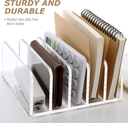 SANRUI Clear Desktop File Organizer, 5 Compartments Acrylic Document Sorter for Office, Home, School