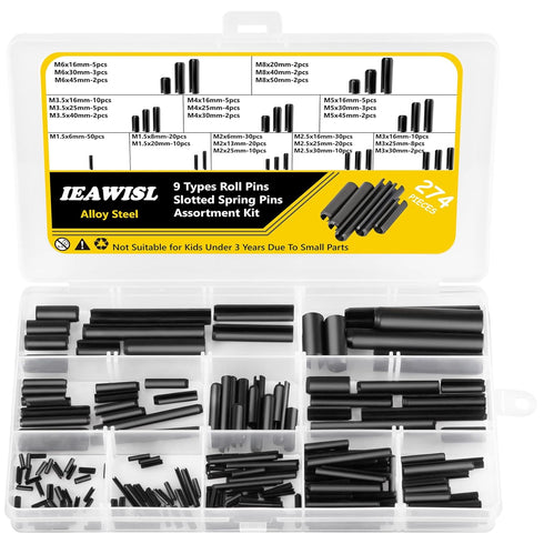 274Pcs Roll Pin Set, Slotted Metric Roll Pins in 65Mn Steel for Home Improvement & Automotive Repair