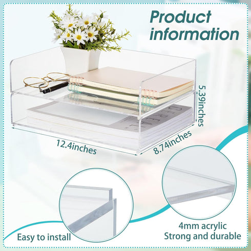 Yulejo 2 Pcs Acrylic Desk Organizers, Tier Paper File Organizer Tray, Stackable Clear Desk Accessories