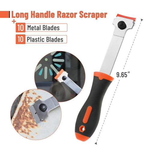 10 10 Bates- Long Handle Razor Blade Scraper, Razor Scraper with Extra Metal & Plastic Blades, Razor Scraper, Window