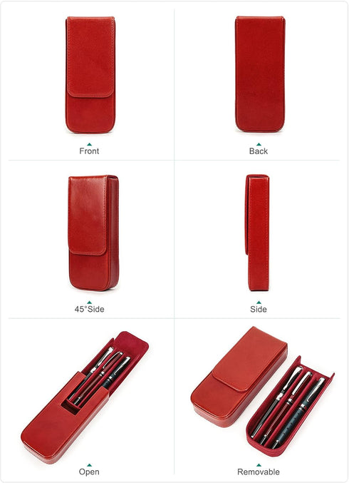 Top Grain Genuine Leather 3 Pen/Pencil Tray Case Holder, Handmade, Magnetic Closing, Glossy Red, 3 Slots, No Logo