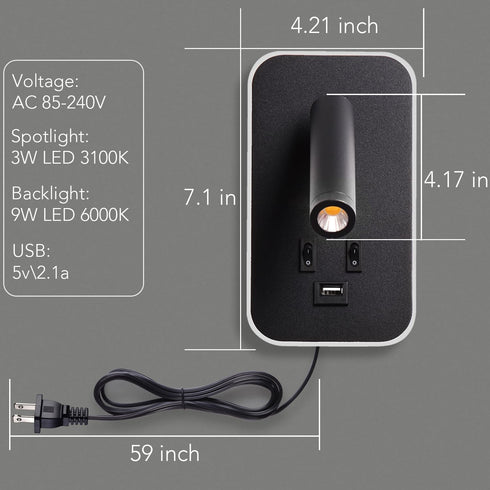 AWEKLIY Wall Mounted LED Reading Light for Bed Headboard, Bedside Wall Sconces USB Charging, Night Light for Bedroom