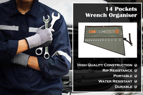 Wrench Roll Bag Organizer Tool Pouch, Heavy Weight, Water Proof Ballistic Polyester, 14 Pocket