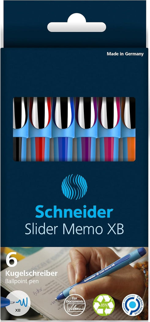 Schneider Slider Memo XB Ballpoint Pen, Asstd. Colors, Pack of 6 (150296)