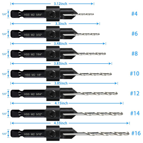 7 Pack Countersink Drill Bits Set, Wood Drill 3in1 with Adjustable Counterbore Cutting Depth and 2 Allen Wrenches