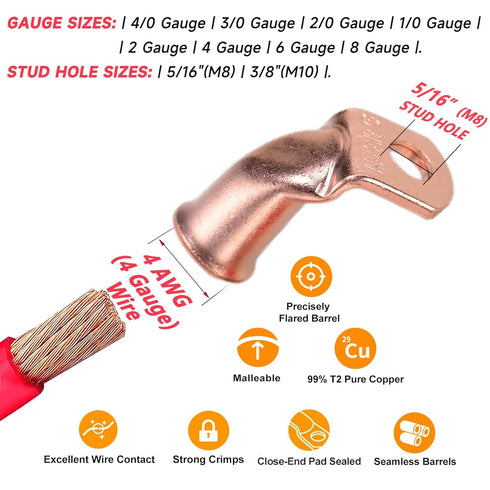 Bare Copper Cable Lugs, 10pcs 4 AWG-5/16" 90 Degree Bent Battery Lugs with 10pcs 3:1 Heat Shrink Tubing